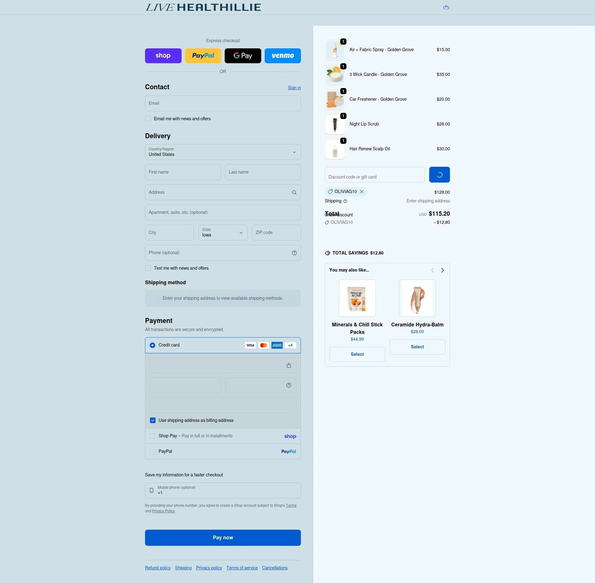 Live Healthillie checkout page showing Live Healthillie discount code box | Screenshot taken by SimplyCodes community member on Feb 9, 2026