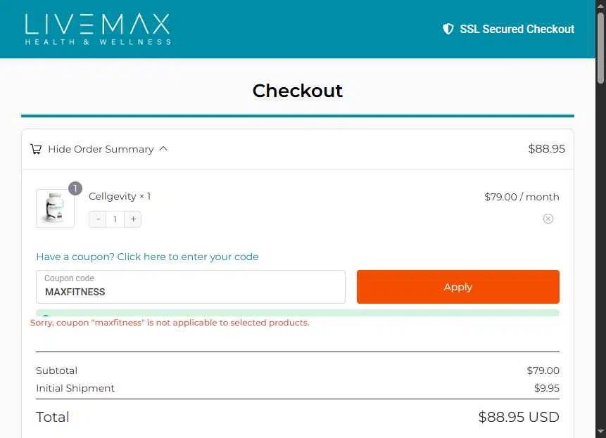 Live Max checkout page showing Live Max promo code box | Screenshot taken by SimplyCodes community member on Oct 24, 2025