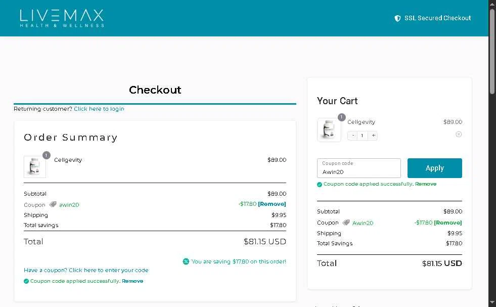 Live Max checkout page showing Live Max promo code box | Screenshot taken by SimplyCodes community member on Oct 24, 2025