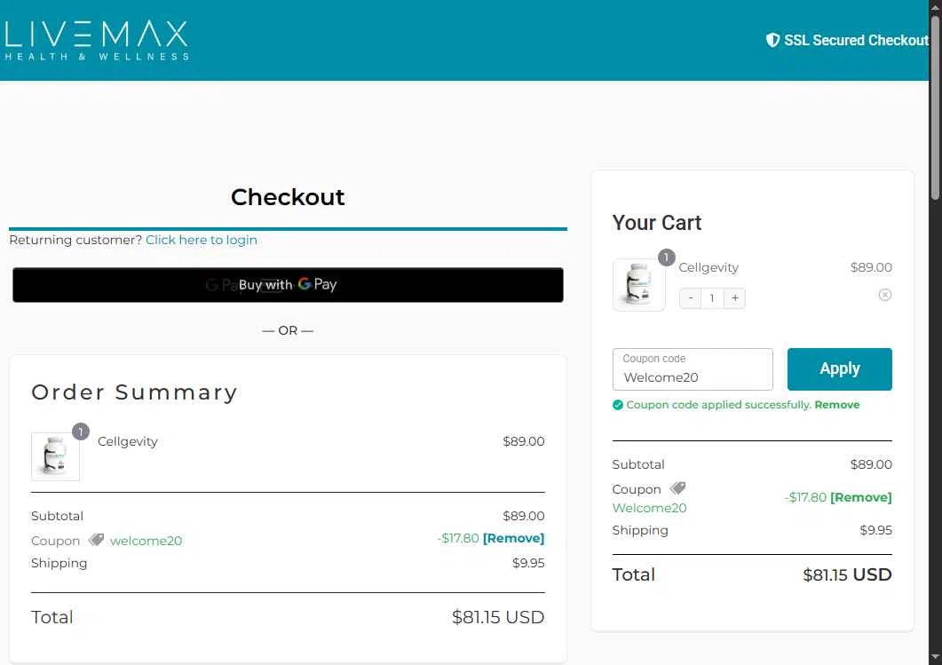 Live Max checkout page showing Live Max promo code box | Screenshot taken by SimplyCodes community member on Aug 14, 2025