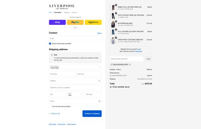 Liverpool Jeans checkout page showing Liverpool Jeans promo code box | Screenshot taken by SimplyCodes community member on Sep 11, 2025