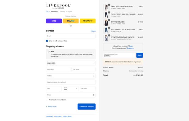 Liverpool Jeans checkout page showing Liverpool Jeans promo code box | Screenshot taken by SimplyCodes community member on Sep 11, 2025