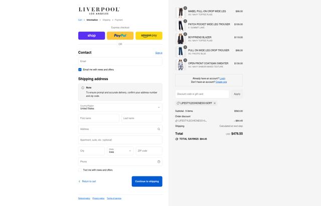 Liverpool Jeans checkout page showing Liverpool Jeans promo code box | Screenshot taken by SimplyCodes community member on Sep 11, 2025