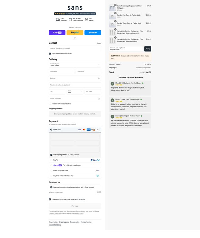 Sans checkout page showing Sans promo code box | Screenshot taken by SimplyCodes community member on Jul 19, 2025