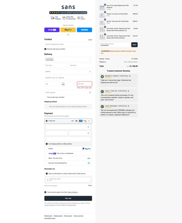 Sans checkout page showing Sans promo code box | Screenshot taken by SimplyCodes community member on Jul 7, 2025