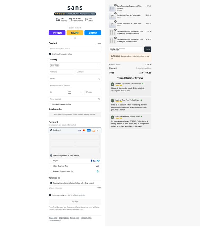 Sans checkout page showing Sans promo code box | Screenshot taken by SimplyCodes community member on Jul 21, 2025