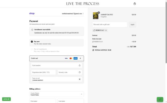 Live The Process checkout page showing Live The Process promo code box | Screenshot taken by SimplyCodes community member on Sep 13, 2025
