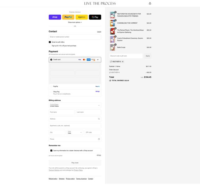 Live The Process checkout page showing Live The Process promo code box | Screenshot taken by SimplyCodes community member on Sep 8, 2025