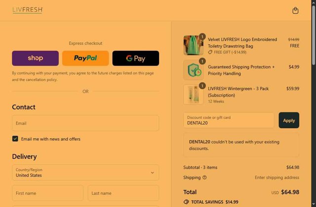 LivFresh checkout page showing LivFresh discount code box | Screenshot taken by SimplyCodes community member on Sep 4, 2025