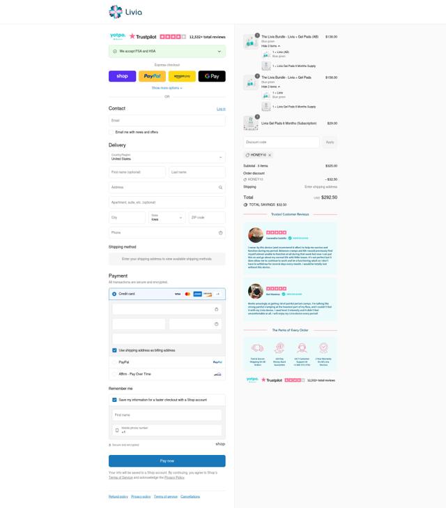 Livia checkout page showing Livia promo code box | Screenshot taken by SimplyCodes community member on Sep 8, 2025