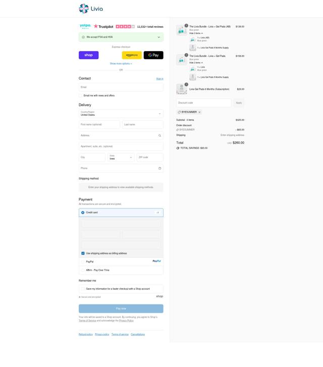 Livia checkout page showing Livia promo code box | Screenshot taken by SimplyCodes community member on Sep 12, 2025