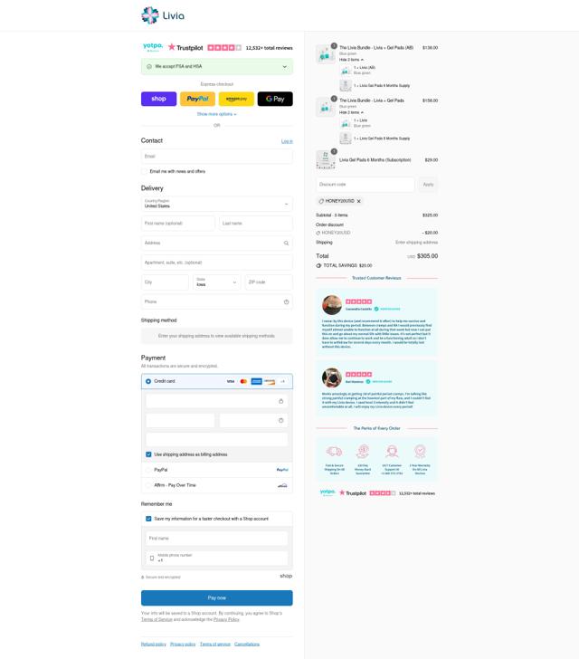 Livia checkout page showing Livia promo code box | Screenshot taken by SimplyCodes community member on Sep 8, 2025