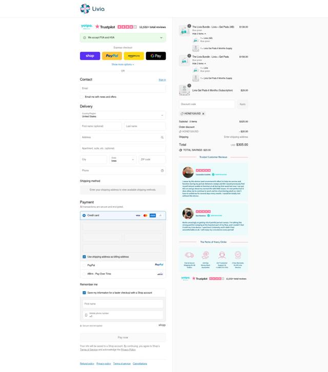 Livia checkout page showing Livia promo code box | Screenshot taken by SimplyCodes community member on Sep 12, 2025