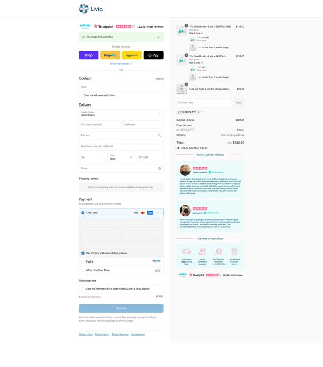 Livia checkout page showing Livia promo code box | Screenshot taken by SimplyCodes community member on Sep 12, 2025