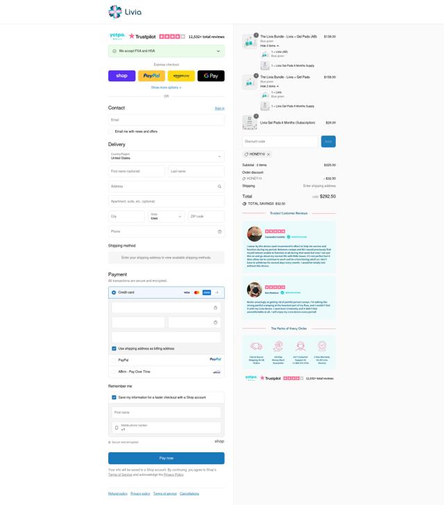 Livia checkout page showing Livia promo code box | Screenshot taken by SimplyCodes community member on Sep 12, 2025