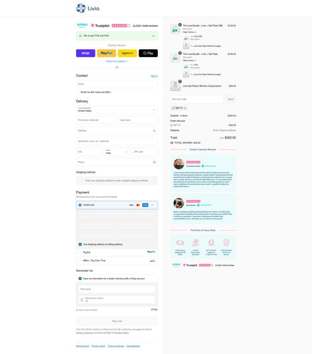 Livia checkout page showing Livia promo code box | Screenshot taken by SimplyCodes community member on Sep 12, 2025