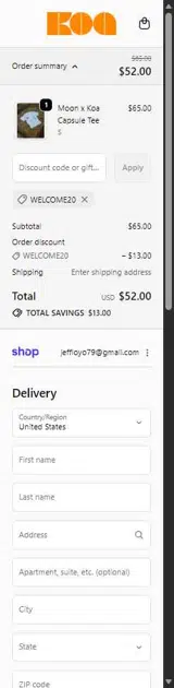WELCOME20 coupon verification screenshot