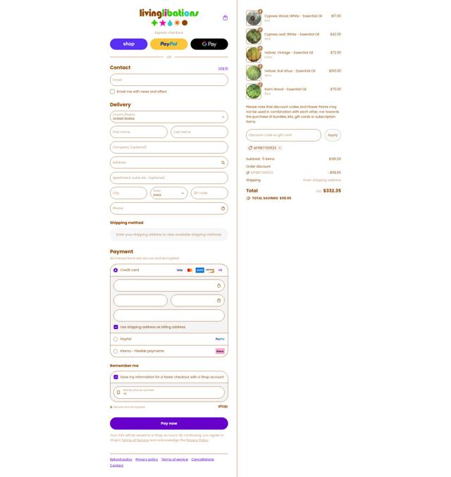 Living Libations checkout page showing Living Libations discount code box | Screenshot taken by SimplyCodes community member on Sep 8, 2025