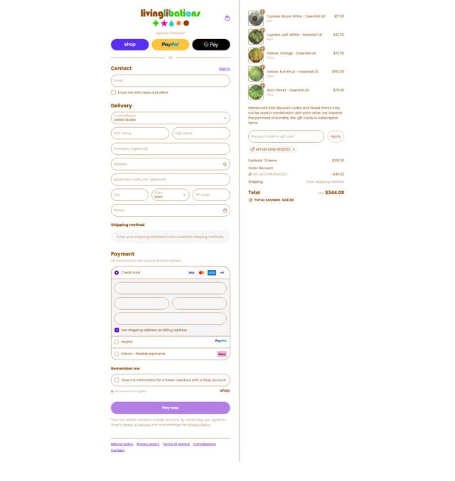 Living Libations checkout page showing Living Libations discount code box | Screenshot taken by SimplyCodes community member on Sep 12, 2025