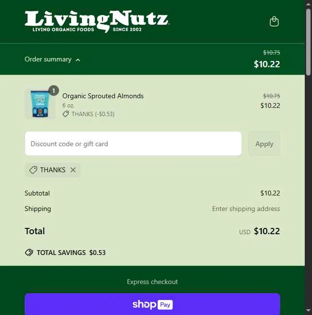 Living Nutz checkout page showing Living Nutz discount code box | Screenshot taken by SimplyCodes community member on May 6, 2025