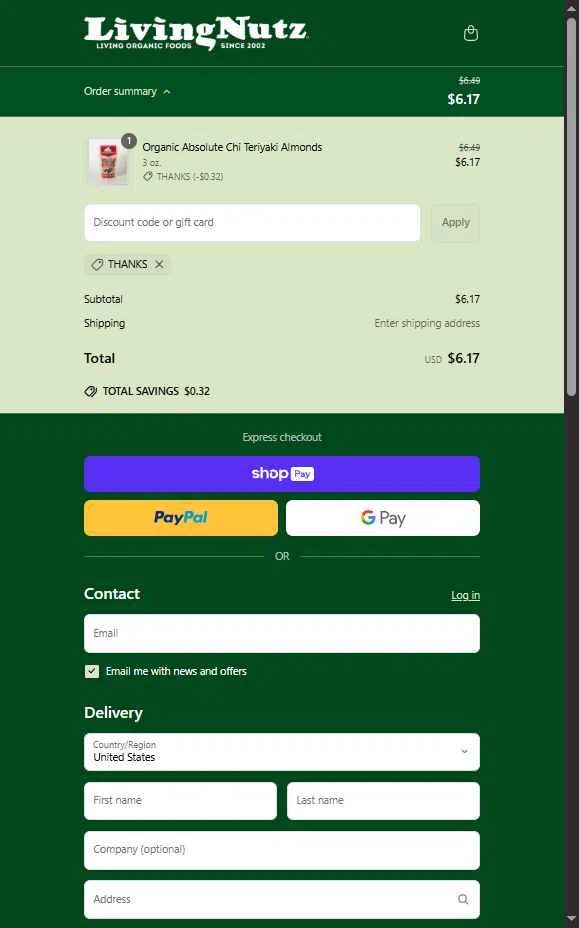 Living Nutz checkout page showing Living Nutz discount code box | Screenshot taken by SimplyCodes community member on May 6, 2025