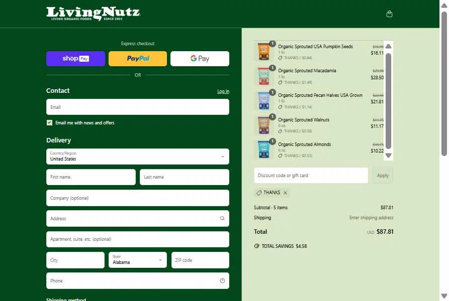 Living Nutz checkout page showing Living Nutz discount code box | Screenshot taken by SimplyCodes community member on May 6, 2025