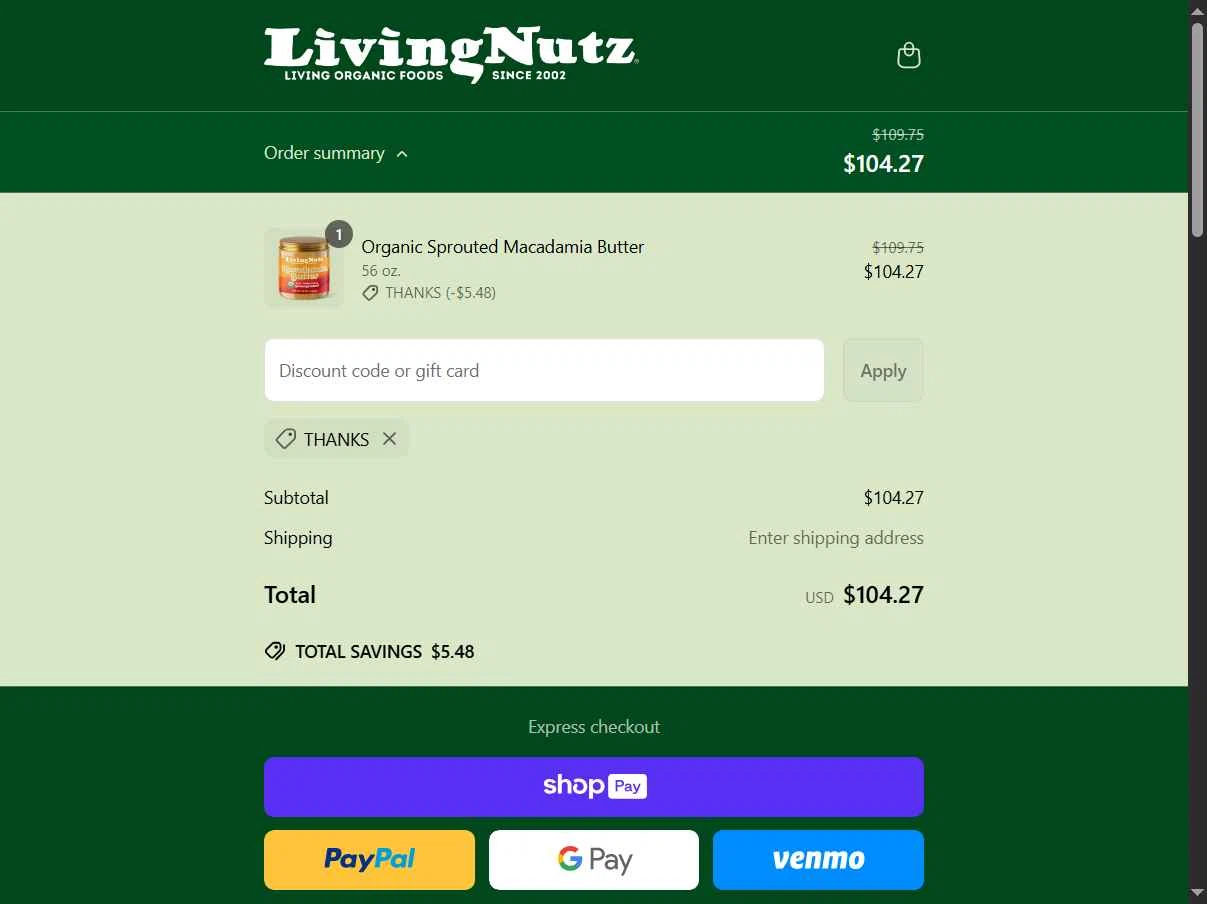 Living Nutz checkout page showing Living Nutz discount code box | Screenshot taken by SimplyCodes community member on May 6, 2025