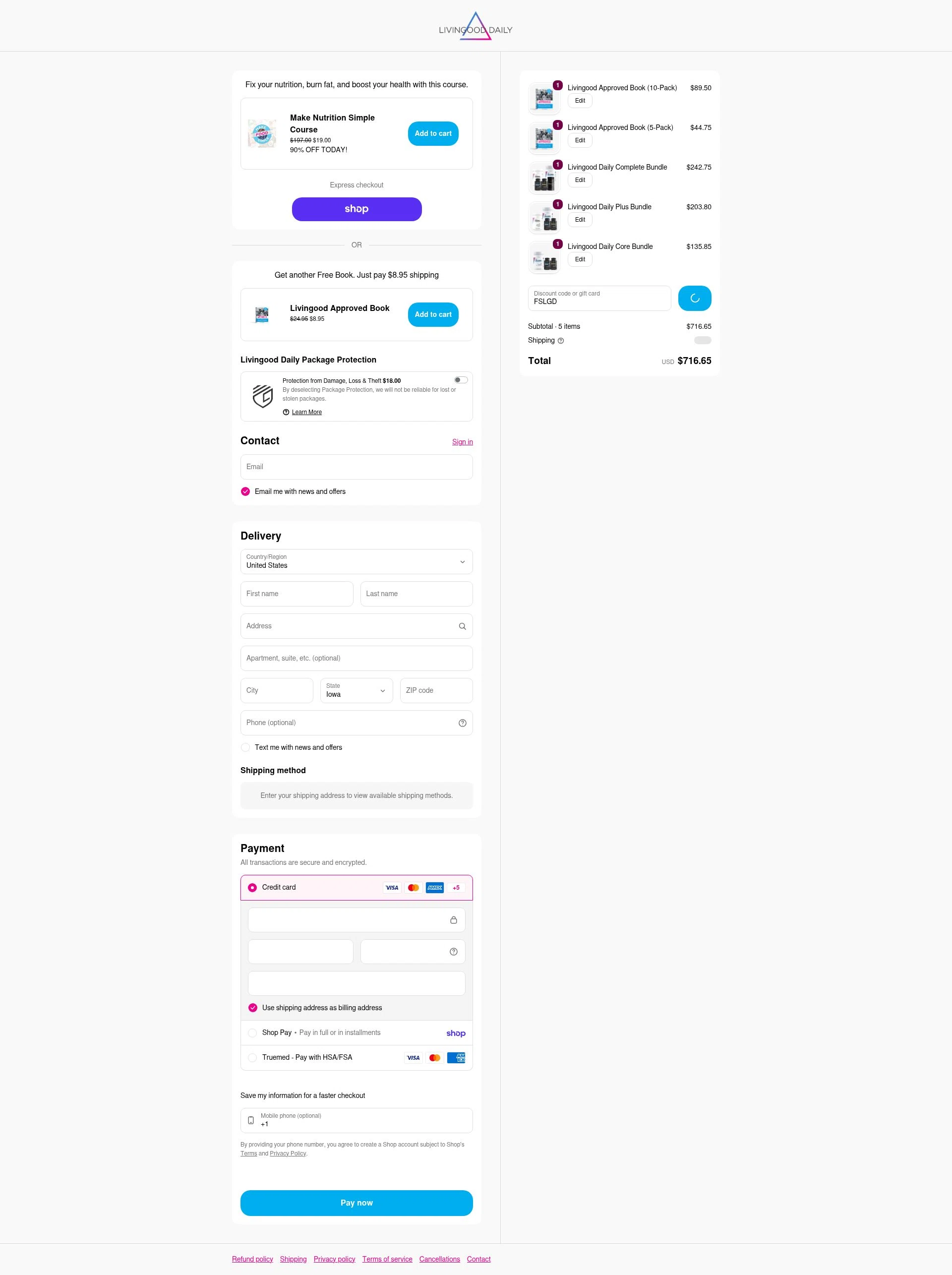 Livingood Daily checkout page showing Livingood Daily discount code box | Screenshot taken by SimplyCodes community member on Feb 10, 2026