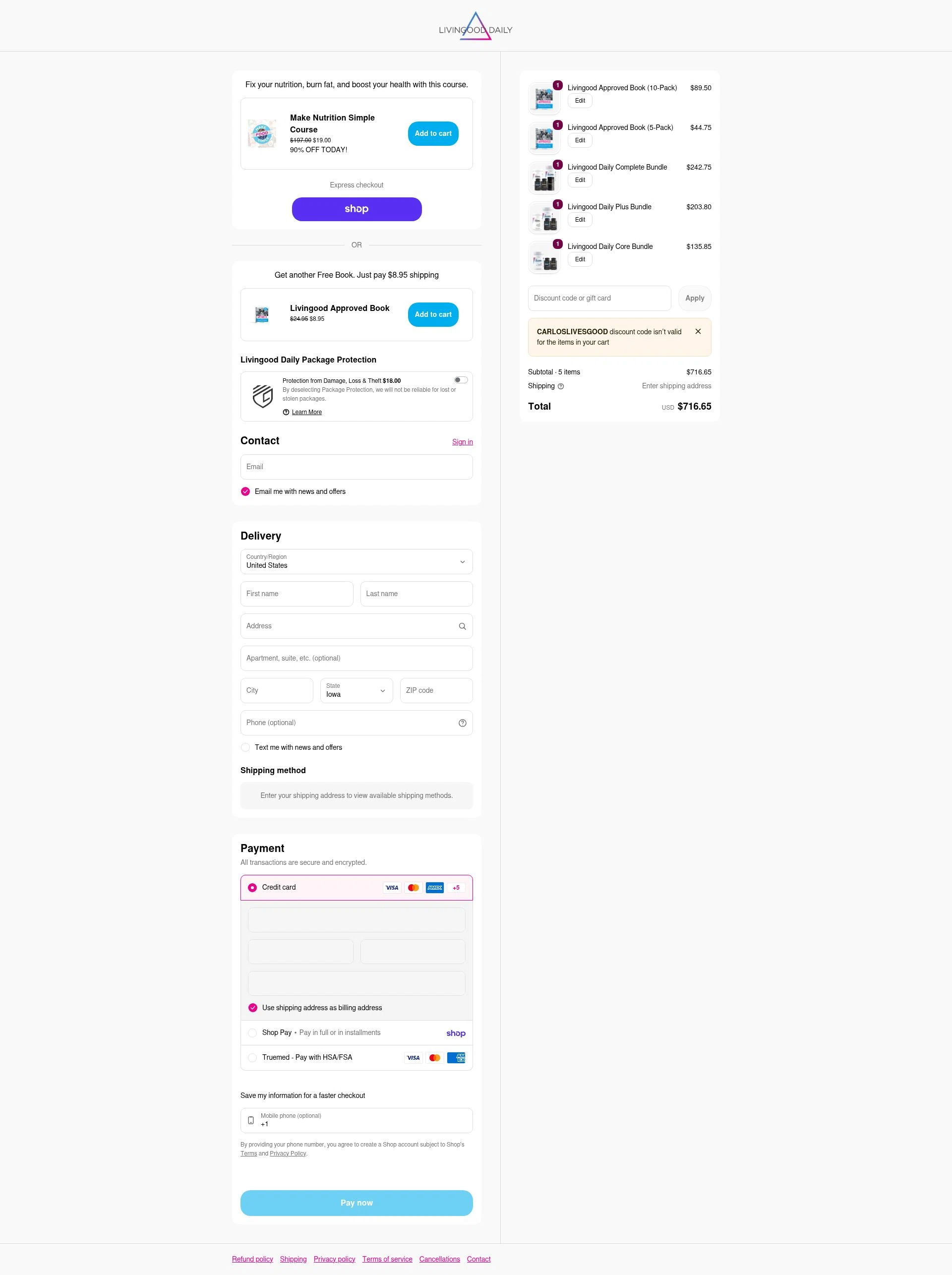 Livingood Daily checkout page showing Livingood Daily discount code box | Screenshot taken by SimplyCodes community member on Feb 10, 2026