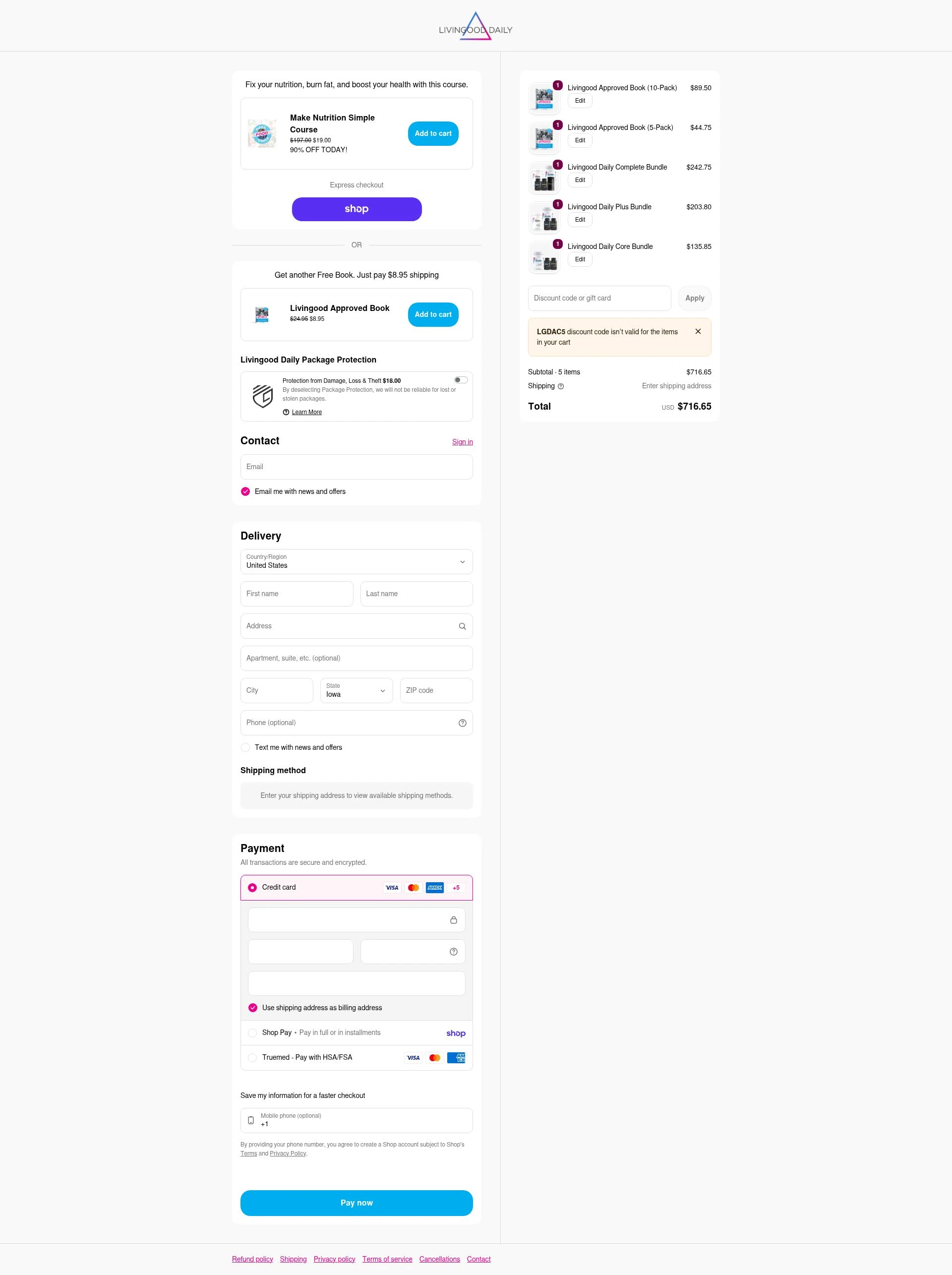 Livingood Daily checkout page showing Livingood Daily discount code box | Screenshot taken by SimplyCodes community member on Feb 10, 2026