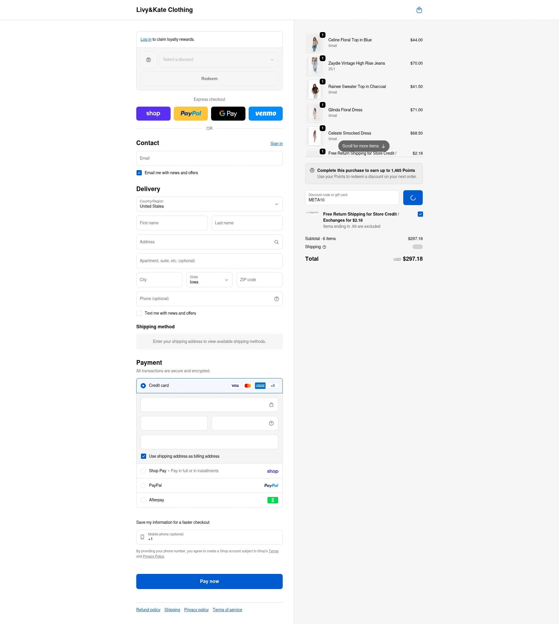 Livy & Kate Clothing checkout page showing Livy & Kate Clothing promo code box | Screenshot taken by SimplyCodes community member on Feb 15, 2026