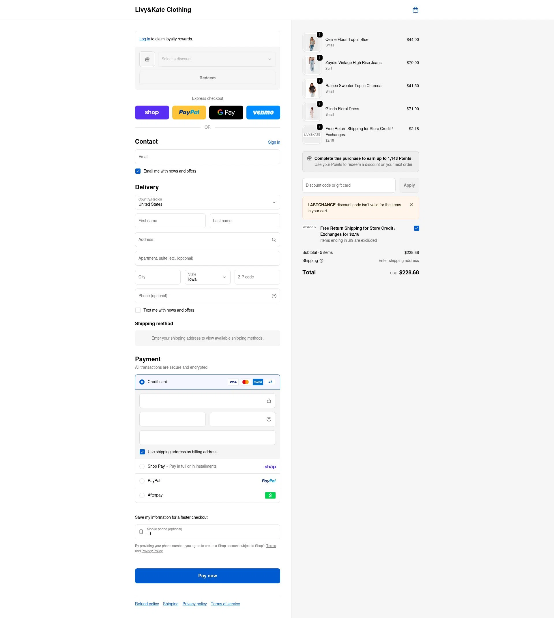 Livy & Kate Clothing checkout page showing Livy & Kate Clothing promo code box | Screenshot taken by SimplyCodes community member on Feb 19, 2026