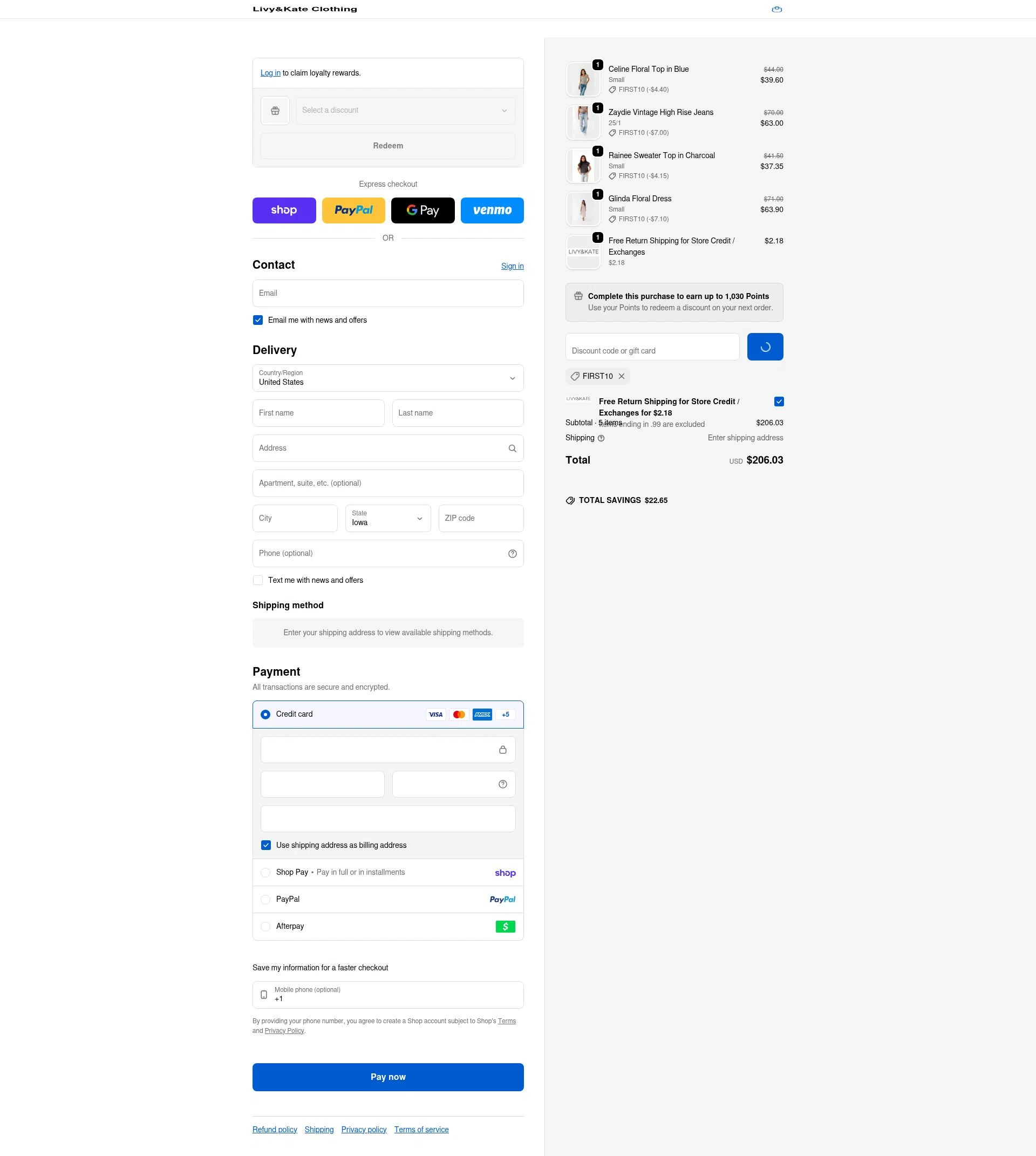 Livy & Kate Clothing checkout page showing Livy & Kate Clothing promo code box | Screenshot taken by SimplyCodes community member on Feb 19, 2026