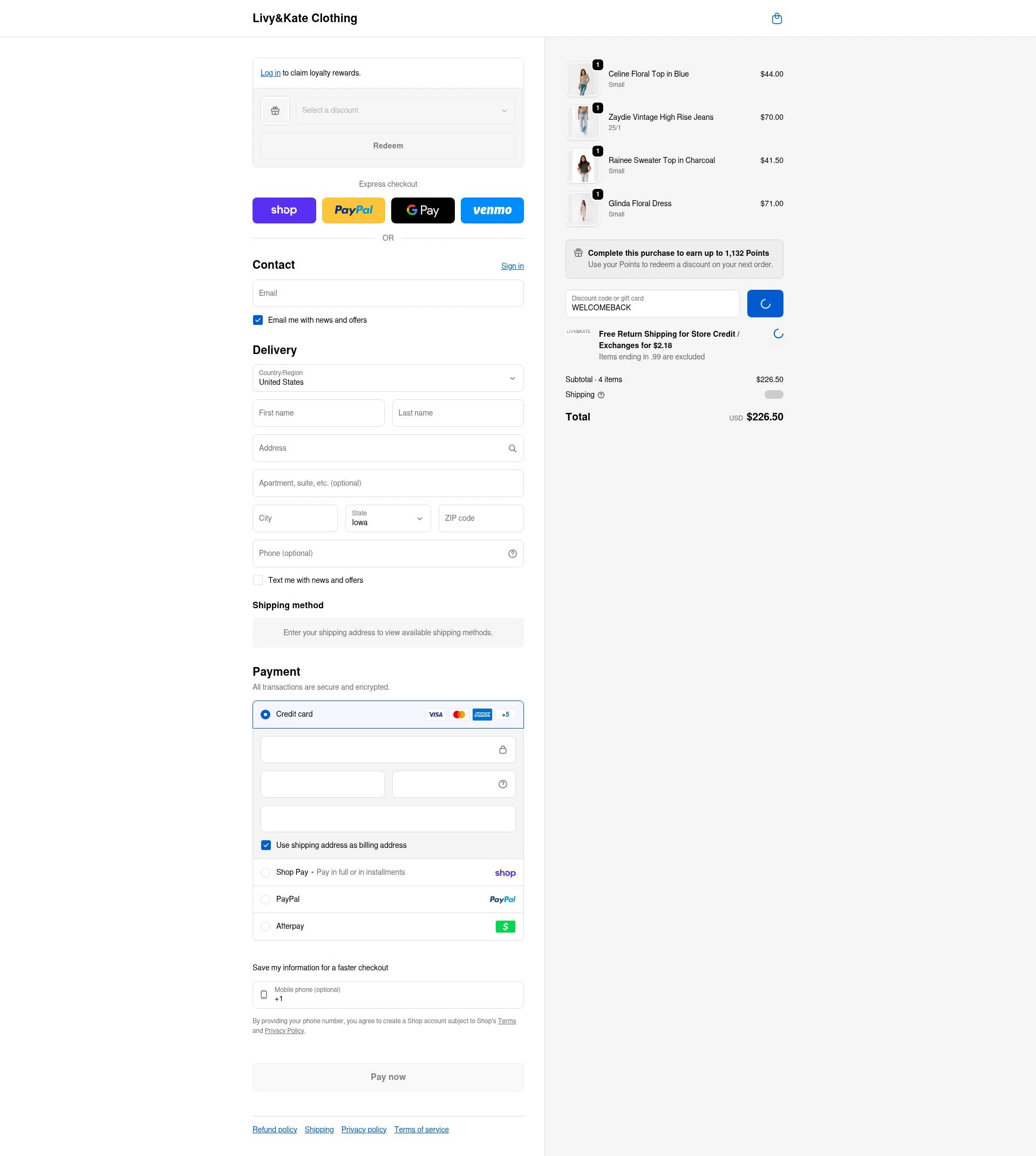 Livy & Kate Clothing checkout page showing Livy & Kate Clothing promo code box | Screenshot taken by SimplyCodes community member on Feb 19, 2026