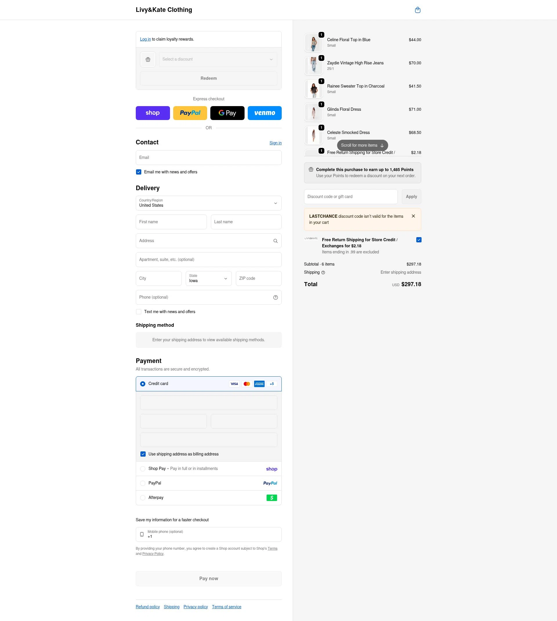 Livy & Kate Clothing checkout page showing Livy & Kate Clothing promo code box | Screenshot taken by SimplyCodes community member on Feb 15, 2026