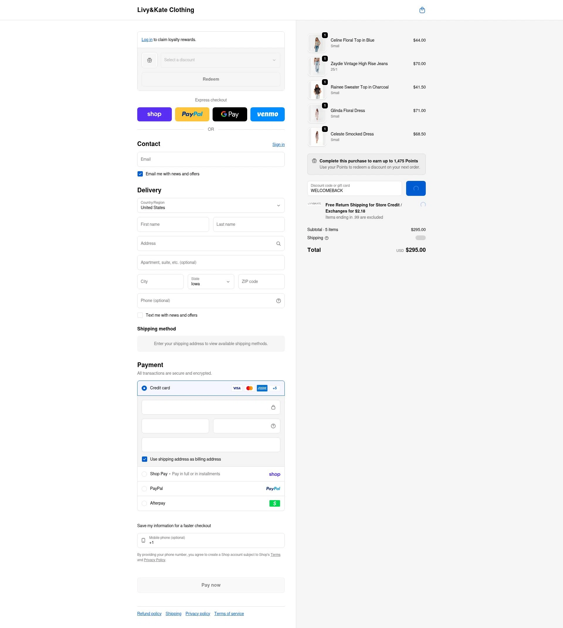 Livy & Kate Clothing checkout page showing Livy & Kate Clothing promo code box | Screenshot taken by SimplyCodes community member on Feb 10, 2026