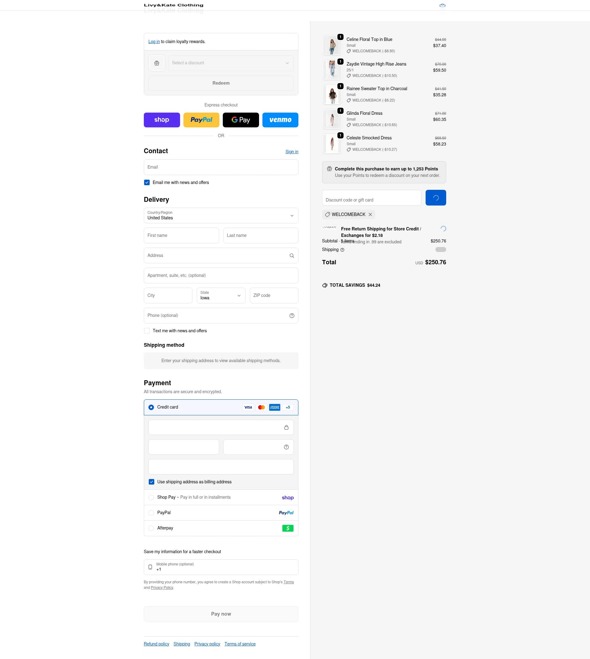 Livy & Kate Clothing checkout page showing Livy & Kate Clothing promo code box | Screenshot taken by SimplyCodes community member on Feb 15, 2026