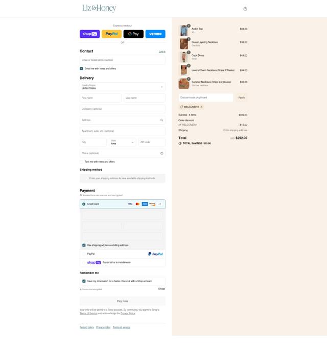 Liz and Honey checkout page showing Liz and Honey promo code box | Screenshot taken by SimplyCodes community member on Aug 5, 2025