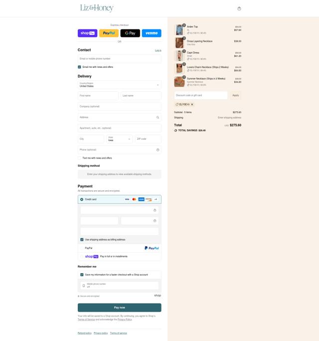 Liz and Honey checkout page showing Liz and Honey promo code box | Screenshot taken by SimplyCodes community member on Jul 31, 2025