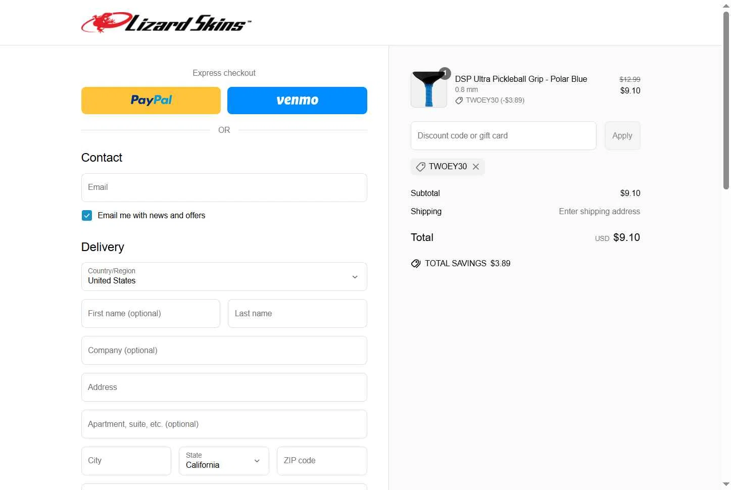 Lizard Skins checkout page showing Lizard Skins discount code box | Screenshot taken by SimplyCodes community member on Jun 30, 2025