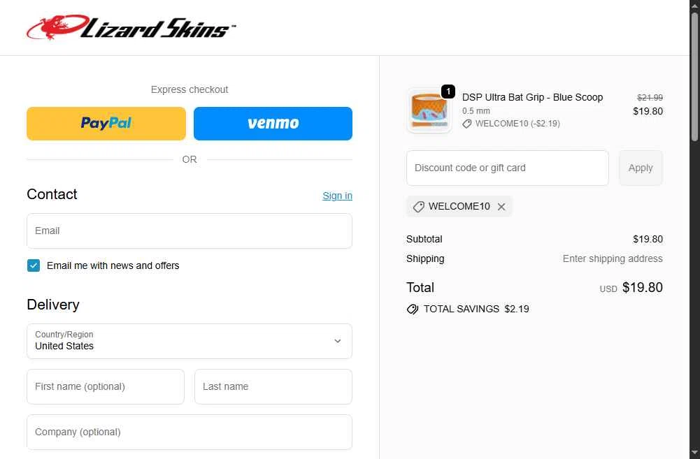 Lizard Skins checkout page showing Lizard Skins discount code box | Screenshot taken by SimplyCodes community member on Oct 19, 2025