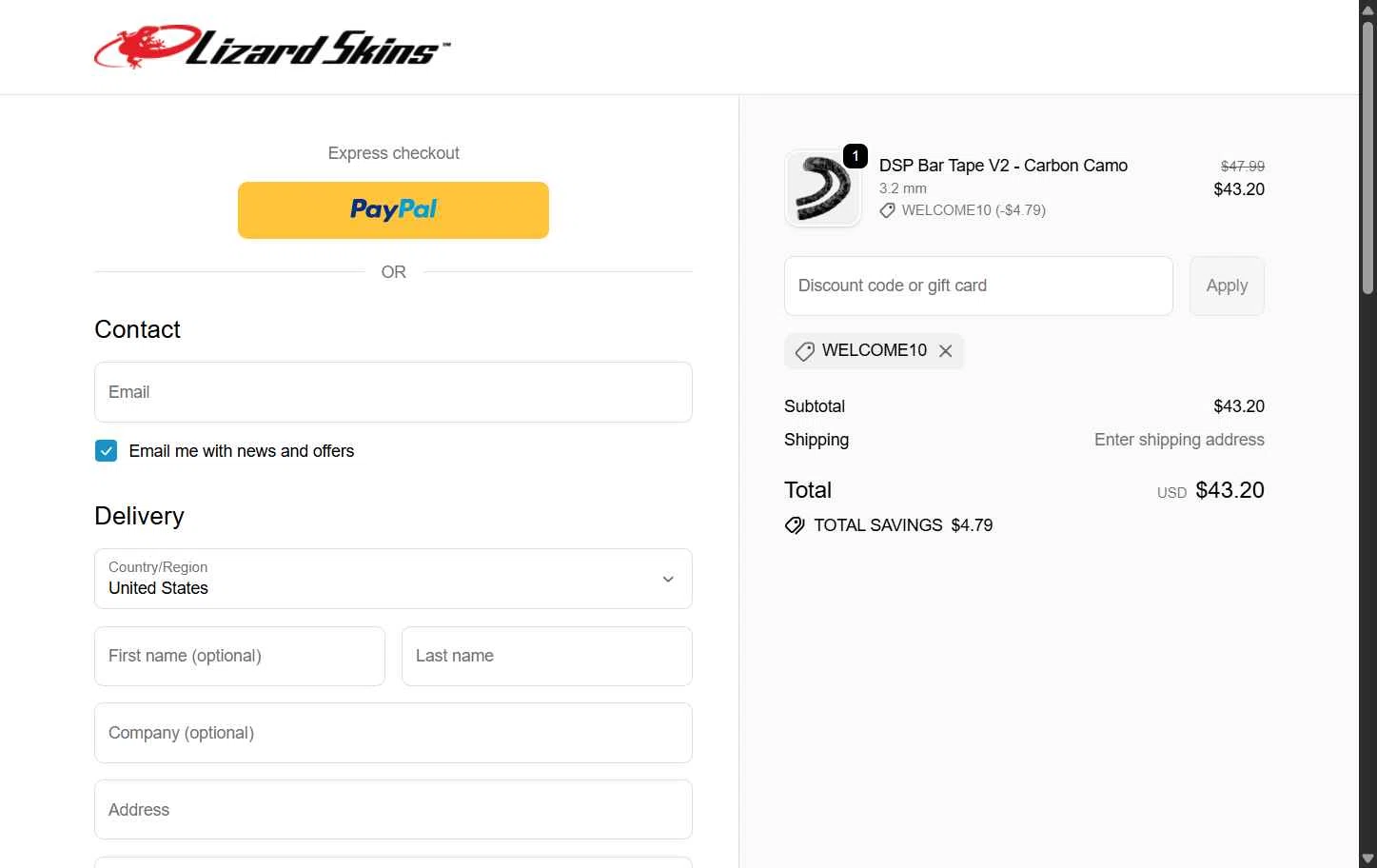 Lizard Skins checkout page showing Lizard Skins discount code box | Screenshot taken by SimplyCodes community member on Oct 10, 2025