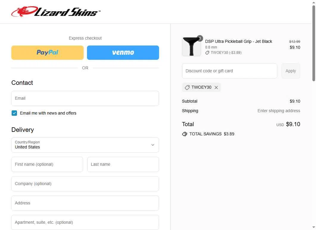 Lizard Skins checkout page showing Lizard Skins discount code box | Screenshot taken by SimplyCodes community member on Jul 29, 2025