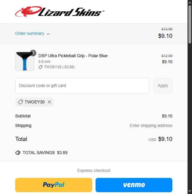 Lizard Skins checkout page showing Lizard Skins discount code box | Screenshot taken by SimplyCodes community member on May 4, 2025