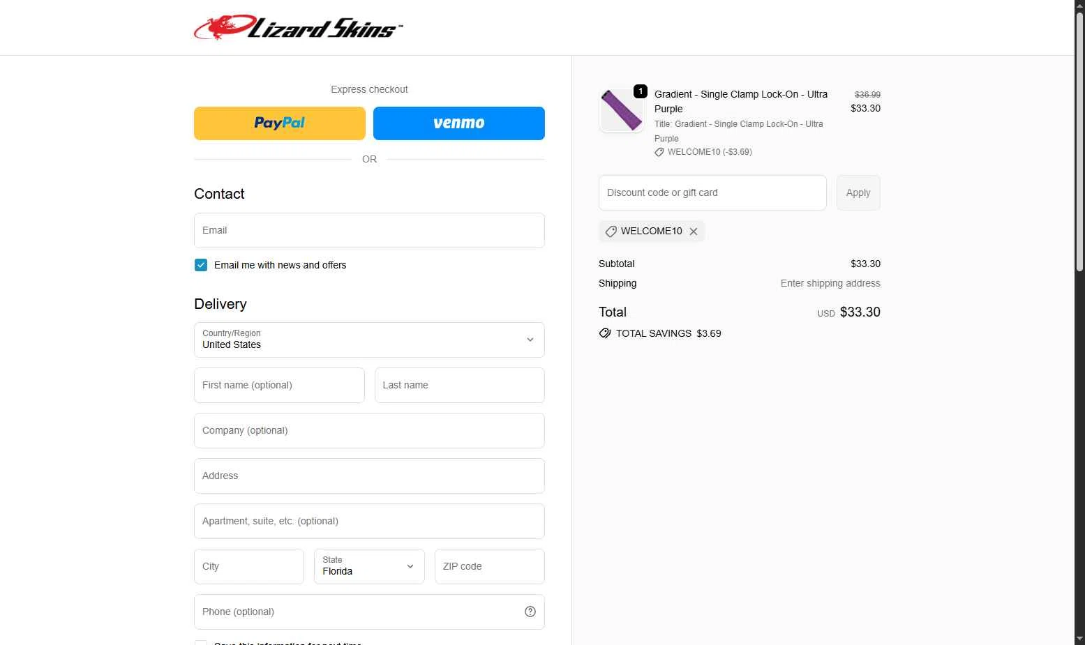 Lizard Skins checkout page showing Lizard Skins discount code box | Screenshot taken by SimplyCodes community member on Oct 10, 2025