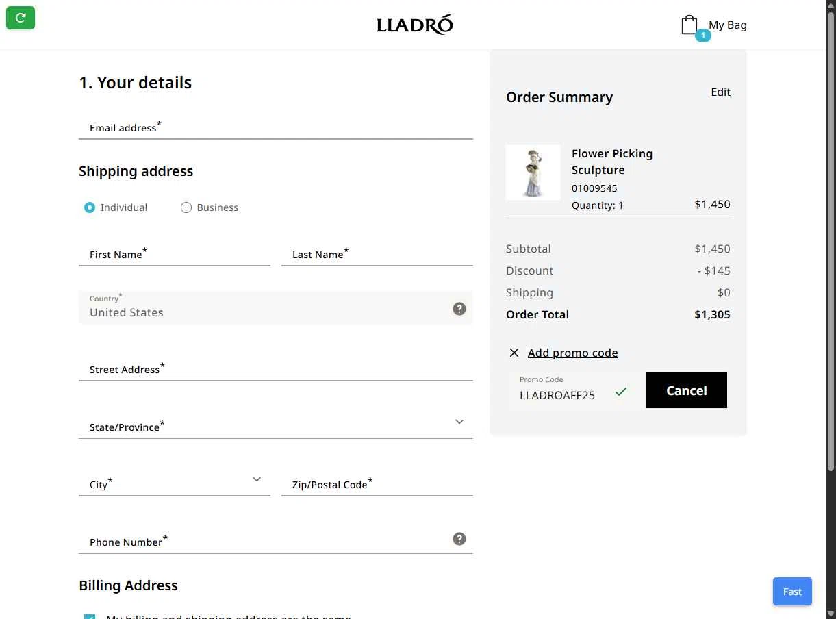 Lladro checkout page showing Lladro promo code box | Screenshot taken by SimplyCodes community member on May 16, 2025