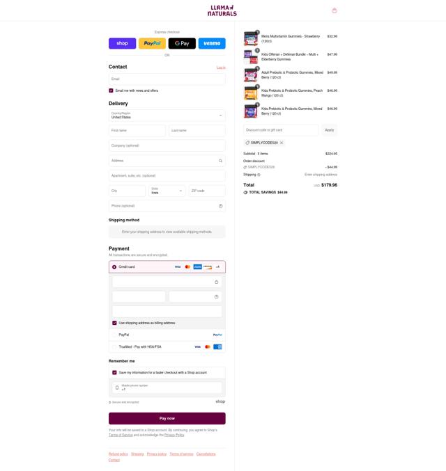 Llama Naturals checkout page showing Llama Naturals discount code box | Screenshot taken by SimplyCodes community member on Sep 3, 2025
