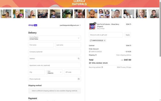 Llama Naturals checkout page showing Llama Naturals discount code box | Screenshot taken by SimplyCodes community member on Aug 5, 2025