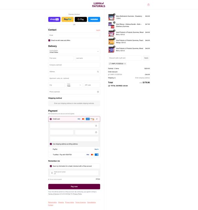 Llama Naturals checkout page showing Llama Naturals discount code box | Screenshot taken by SimplyCodes community member on Aug 22, 2025