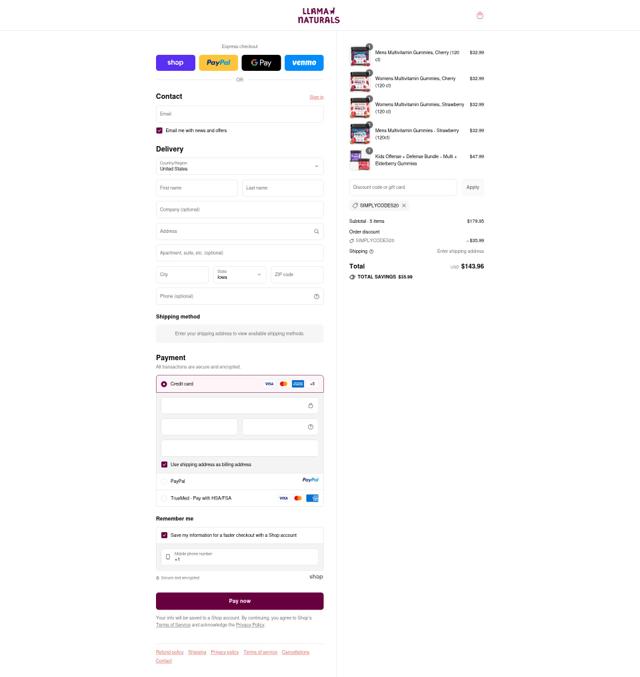 Llama Naturals checkout page showing Llama Naturals discount code box | Screenshot taken by SimplyCodes community member on Sep 10, 2025